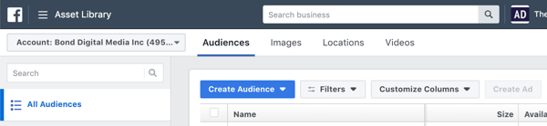 Как да създадете и стартирате самоподдържаща се рекламна последователност в Instagram само за $ 5 на ден, да създадете рекламна кампания в Instagram, стъпка 2, аудитории във Facebook Ads Manager