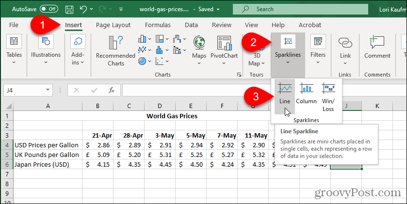 Изберете Excel Sparkline Type