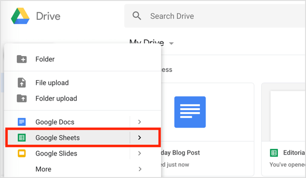 Щракнете върху бутона New вляво и изберете Google Sheets от падащото меню.