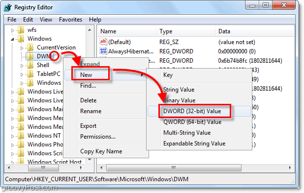 създайте нов ключ за dwm dword в Windows 7