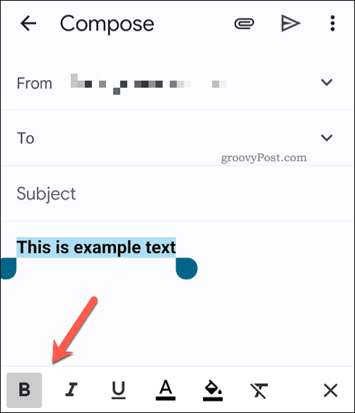 Лентата с инструменти за форматиране на текст в приложението Gmail на мобилни устройства