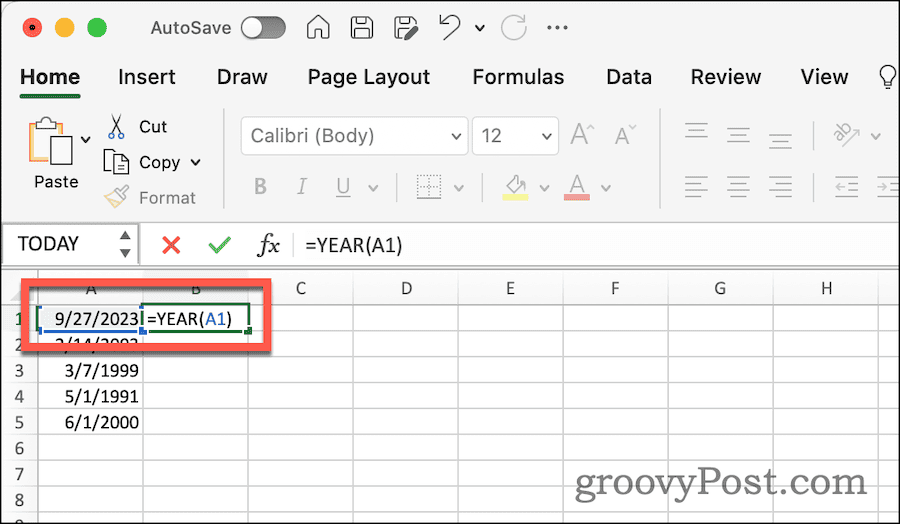 Използване на функцията YEAR за извличане на година от дата в Excel