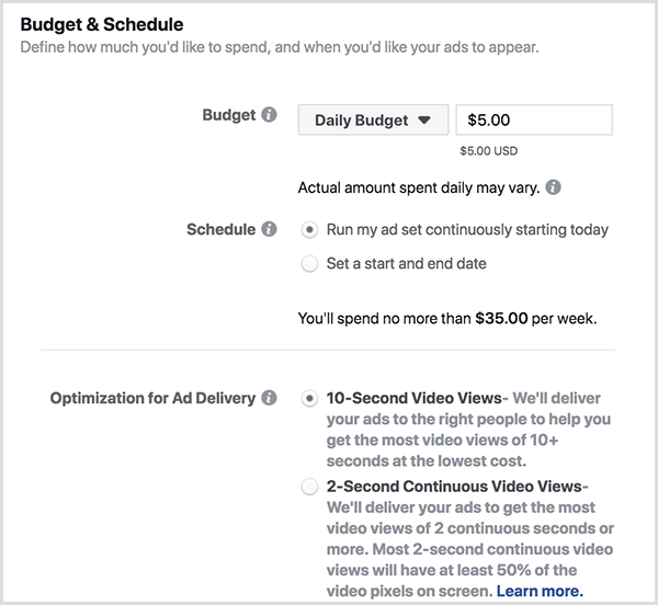 Опциите за рекламен бюджет и график на Facebook включват дневен бюджет и 10-секундни изгледи.