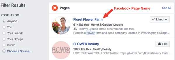 Пример за страницата във Facebook на име Floret Flower Farm в резултатите от търсенето.