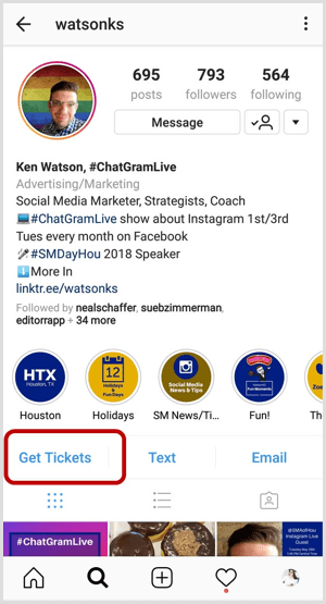 пример за бутон за действие на Instagram в бизнес профил