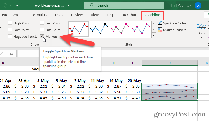 Показване на маркери на Sparklines в Excel