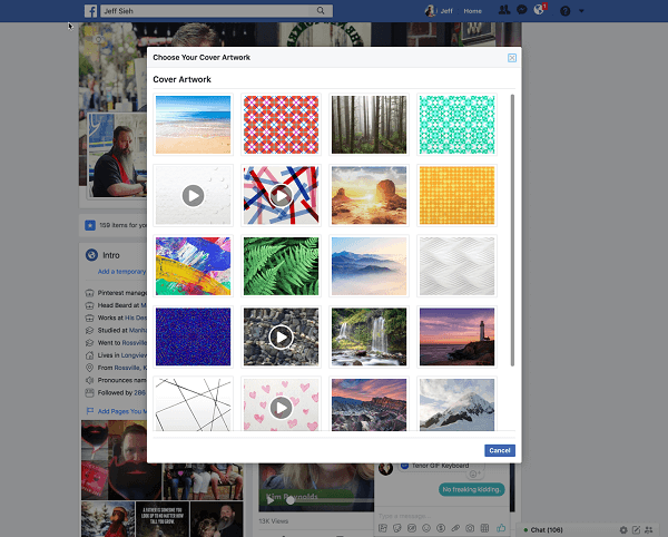 Facebook вече позволява на потребителите да избират видеоклип за изображение на обложка на профил от библиотеката Artwork. 