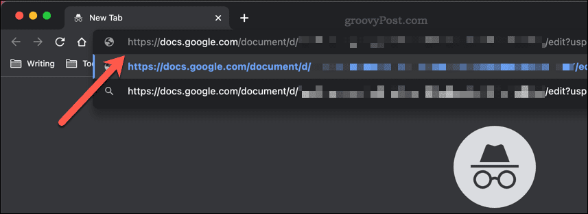 Поставяне на връзка за споделяне на Google Документи в адресната лента на прозорец инкогнито на Google Chrome