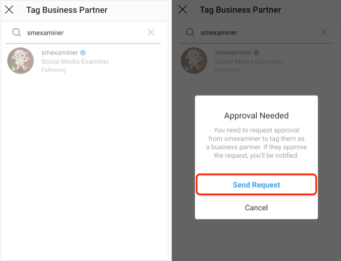 изпратете заявка за одобрение до бизнес партньор в Instagram