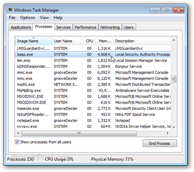 lsass.exe в Windows 7 мениджър на задачи
