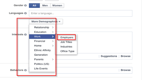 опции за насочване на работното място във facebook реклама