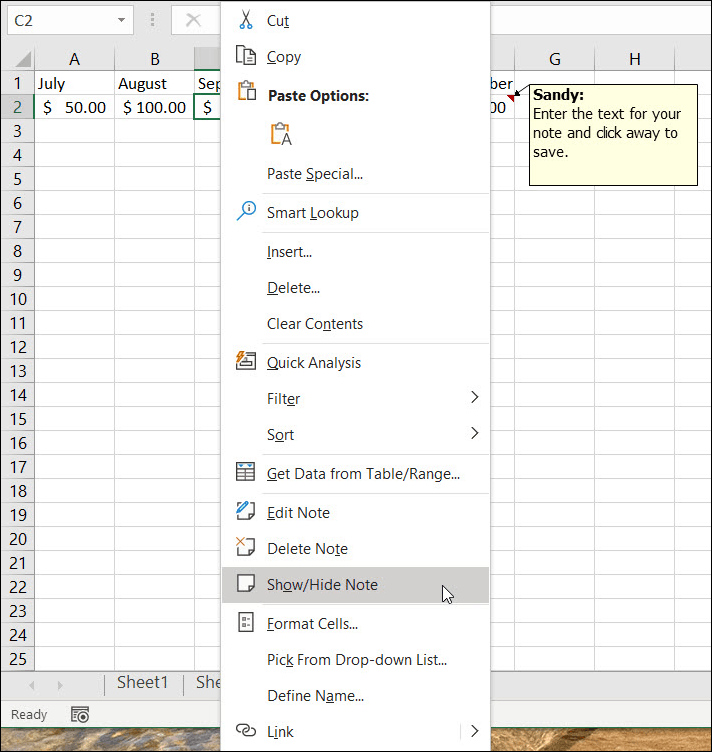 Показване или скриване на бележки в Excel