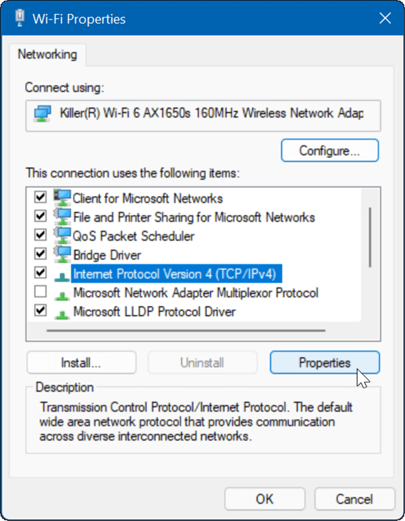 Свойствата на wi-fi коригират бавен интернет на Windows 11