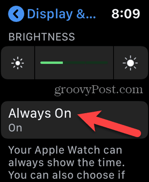 Докоснете Винаги включен в Настройки на вашия Apple Watch