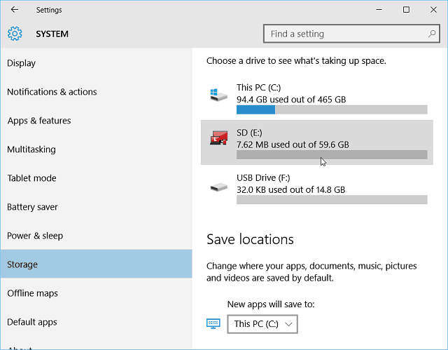 Настройки за съхранение на Windows 10