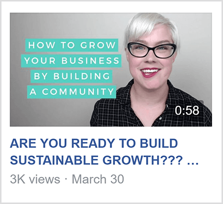 За да преподава във фейсбук група, Кейтлин Бачър споделя видео като този видеоклип с текста How To Grow Вашият бизнес чрез изграждане на общност и образ на Кейтлин от раменете нагоре и обърната към камера.