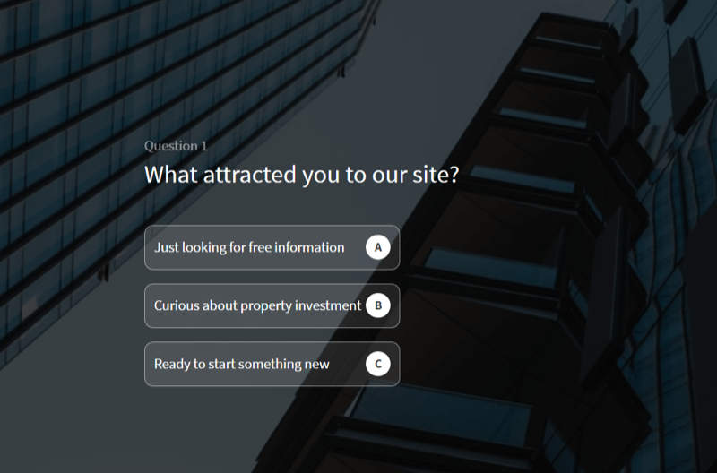 пример за тест за уебсайт, използван за квалифициране на потенциални клиенти на сайта на фирма за обучение на инвестиционни имоти