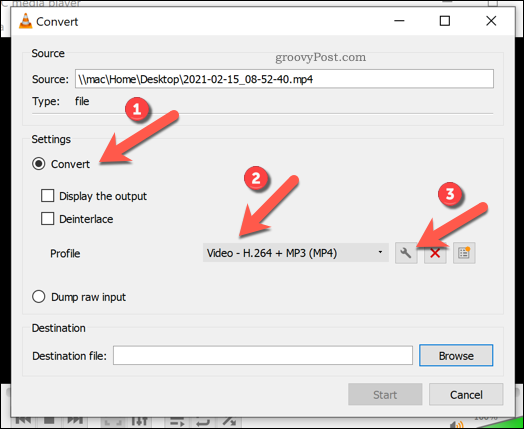 Задаване на настройки за преобразуване във VLC на Windows