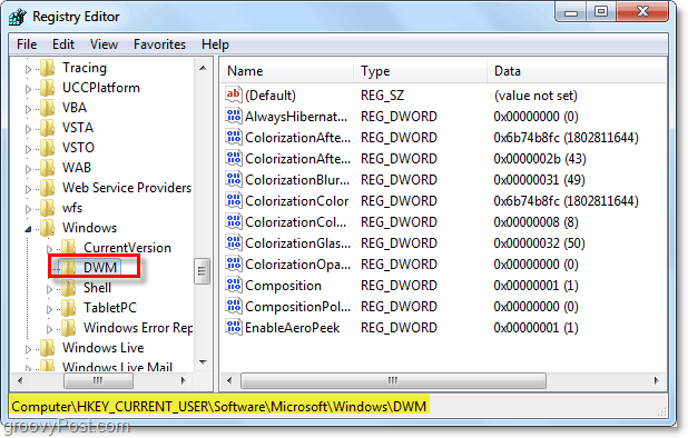отворете ключа за регистрация на dwm в Windows 7