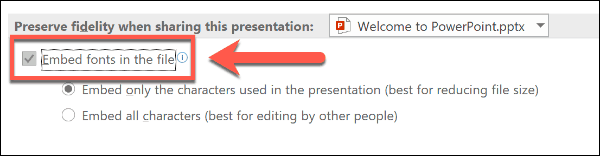 Вградете опцията за шрифтове в PowerPoint