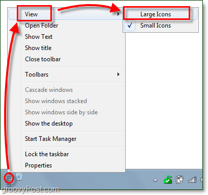 покажете големи икони за лентата с инструменти на лентата със задачи в Windows 7