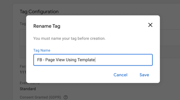нов мениджър на маркери на Google нов маркер с опции от менюто за преименуване на етикет с новото име на етикет, въведено като „fb - изглед на страница с помощта на шаблон“