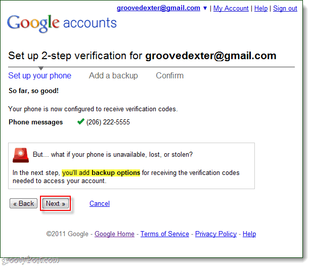 добавете опции за резервно копие на потвърждаване в 2 стъпки на Google