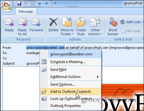 Добавяне към контакти Outlook 2007