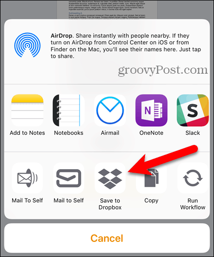 Докоснете Dropbox на Share list в iOS