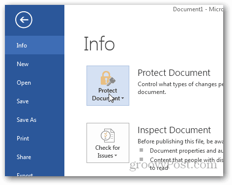 Защита с парола и шифроване на документи на Office 2013: Щракнете върху Защита на документа