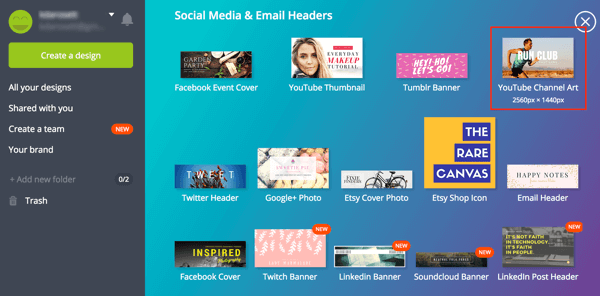Canva предлага разнообразни шаблони за социални медии, включително един за изкуството на канала в YouTube.