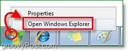 за да влезете в изследователя на Windows 7, щракнете с десния бутон на мишката върху стартовата кълбо и щракнете върху отворен прозорец на Windows