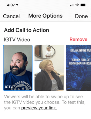 Финализиране на добавянето на IGTV видео връзка към вашата история в Instagram.