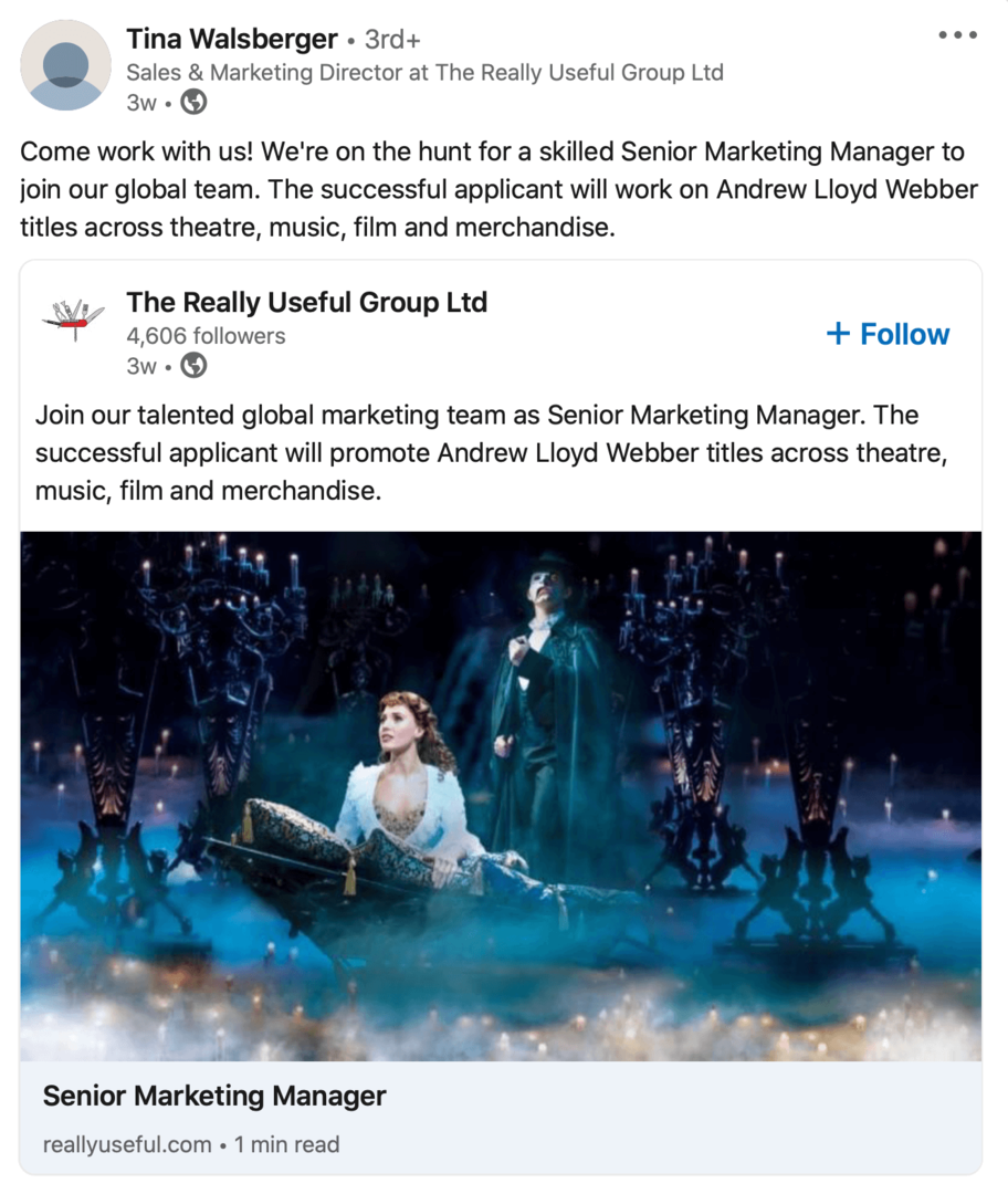 изображение на публикация за набиране на персонал на страницата на LinkedIn, споделена повторно от служител в личния профил