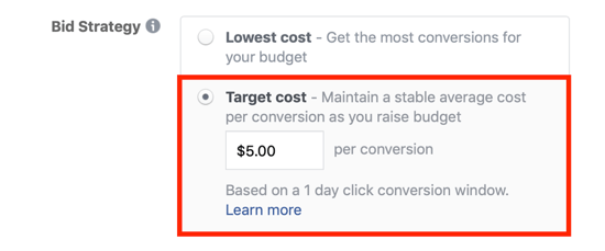 Опция за офериране за целева цена на Facebook.