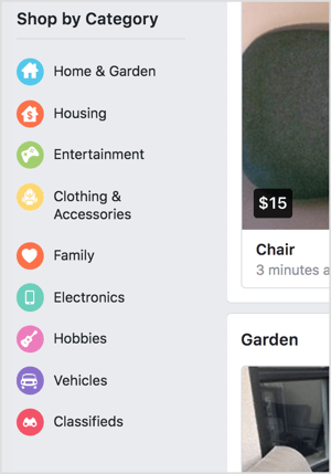Facebook Marketplace ви позволява да пазарувате по категории.