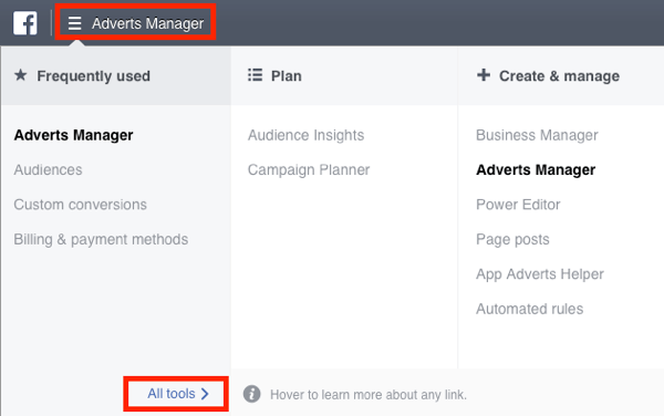 Придвижете се до менюто Facebook Ads Manager и изберете Всички инструменти.