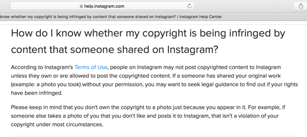Помощният център на Instagram очертава някои насоки за авторското право.