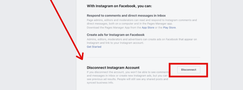 стъпка 2 за изключване на акаунта в Instagram в настройките на страницата на Facebook