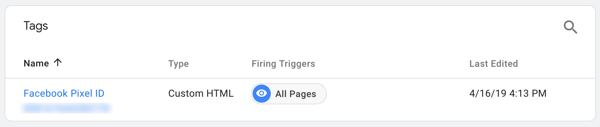 Използвайте Google Tag Manager с Facebook, стъпка 7, вижте маркера, кръстен на вашия Facebook Pixel