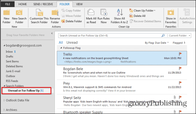 Проследяване на папки за търсене в Outlook 2013