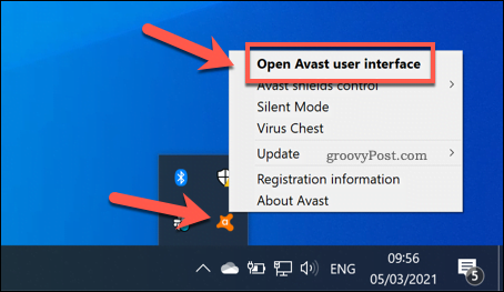 Отваряне на потребителското меню на Avast