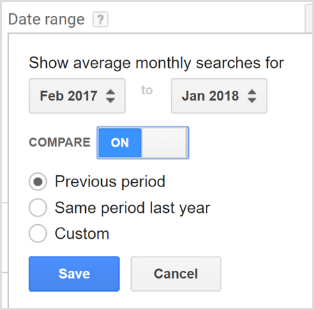 Търсене в Google AdWords Плановител на ключови думи сравнява периоди от време