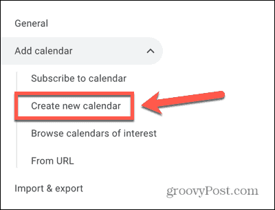 Снимка на опцията за създаване на нов календар в Google Календар
