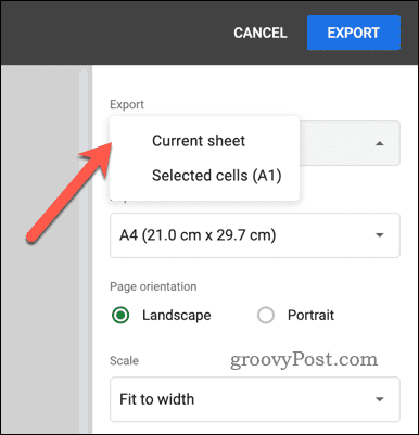 Избор на опцията за експортиране за PDF експортиране в Google Таблици