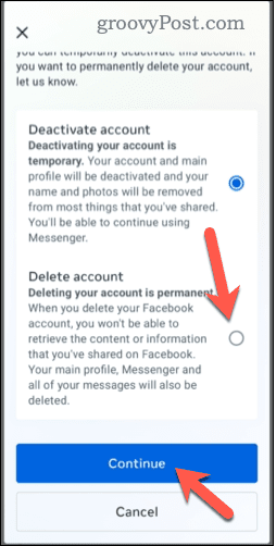 Избор на изтриване на акаунт във Facebook на мобилно устройство