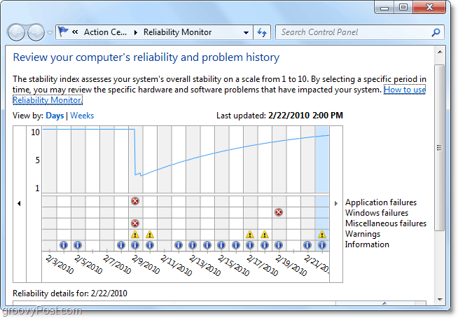 намерете, когато проблемът в Windows 7 първо започва, като погледнете датите