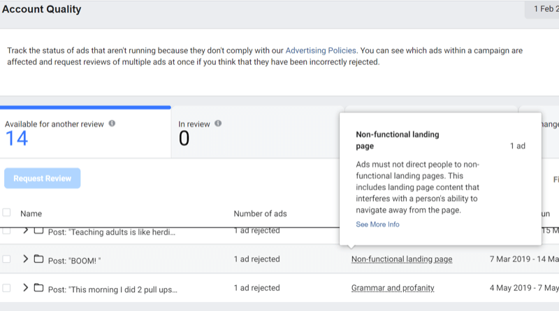 стъпка 3 за това как да използвате инструмента за качество на акаунта във Facebook