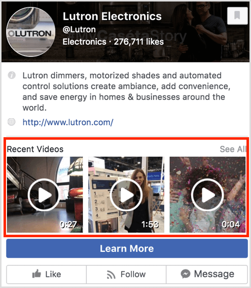 Преглед на страница във Facebook, показващ скорошни видеоклипове.