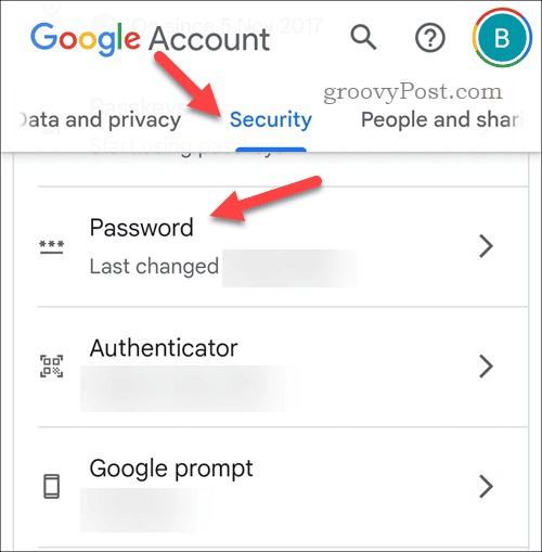 Отворете настройките за парола за акаунт в Google